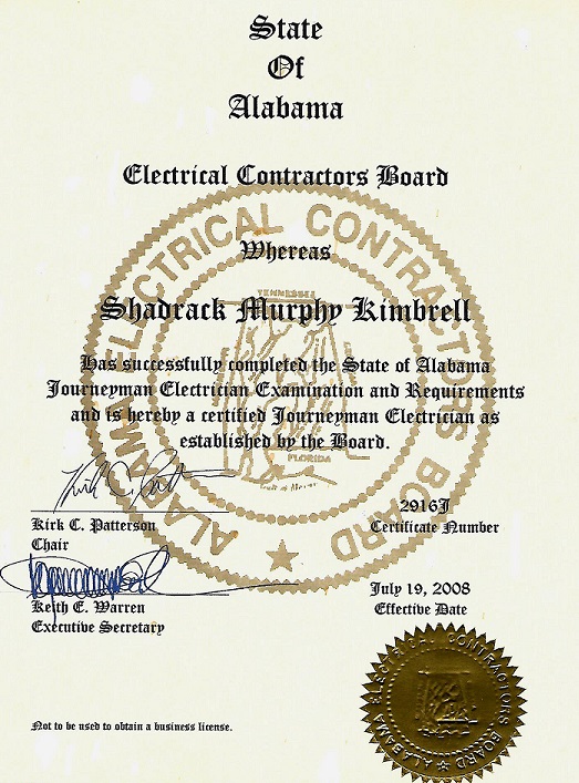 State of Alabama Journeyman Electrician License — passed at State level, no county grandfathering