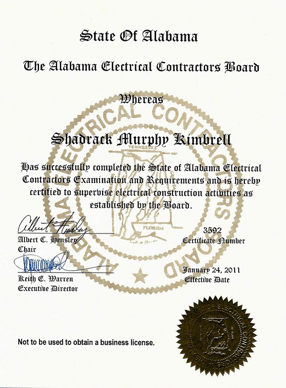 State of Alabama Master Electrician License — passed at State level, no county grandfathering